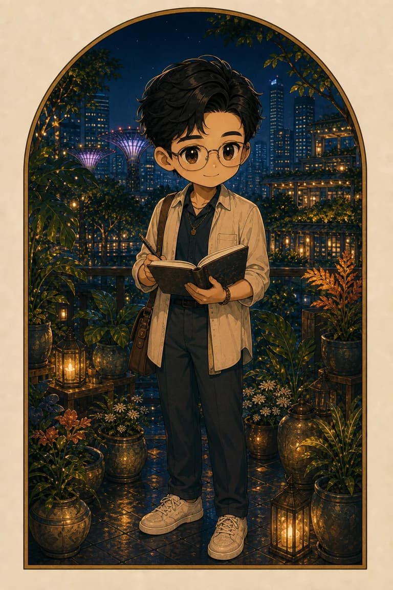 Zevedaios’s illustrated Seeker, with an open journal in a lantern-lit garden