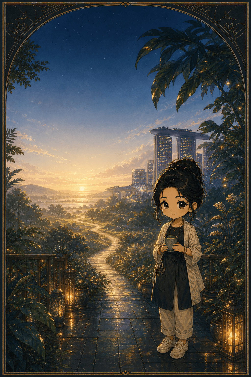 A Zevedaios journey character standing in a quiet garden at night