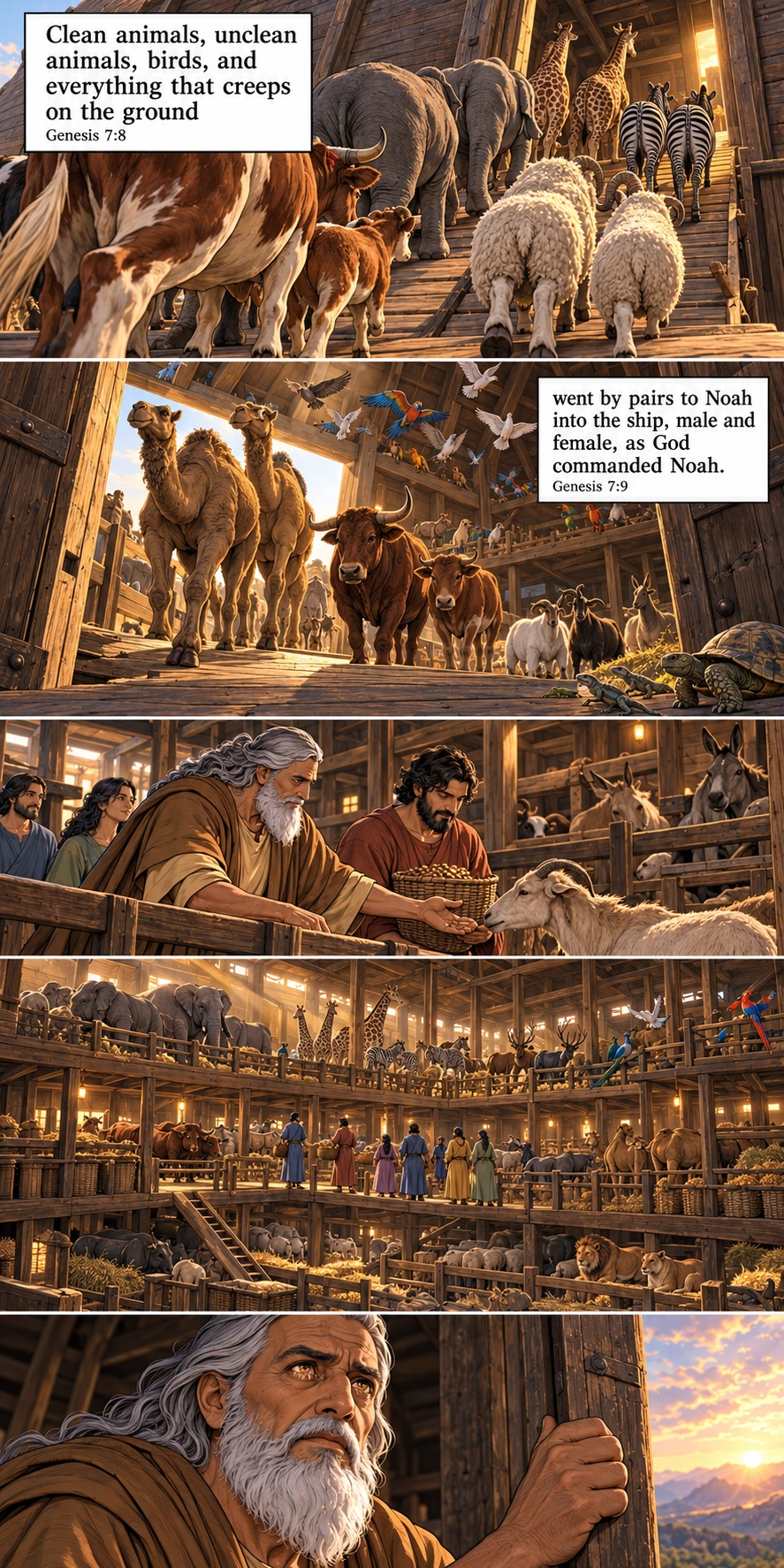 Pairs of animals occupy the vast timber interior of the ark. Genesis 7:8–9.