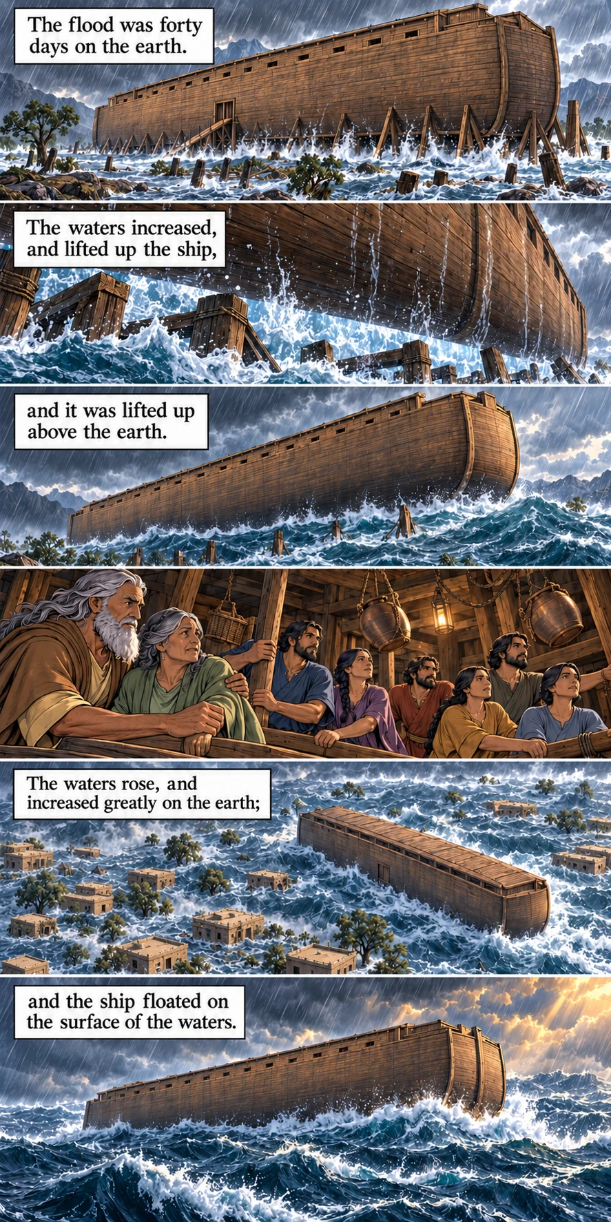 Floodwater lifts the ark off its supports; Noah’s family braces as the ship floats. Genesis 7:17–18.
