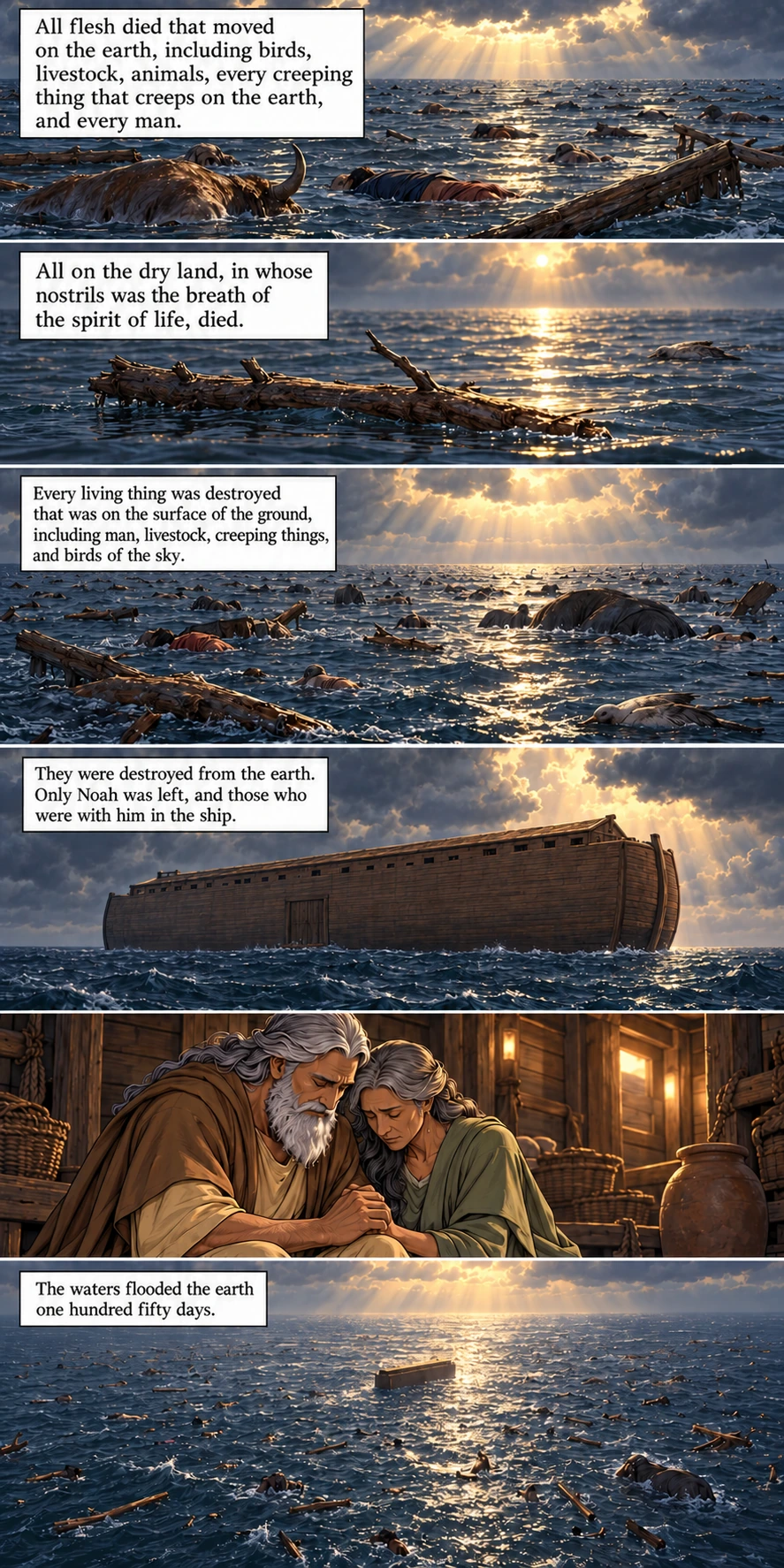 Non-graphic aftermath of the flood, Noah and his wife grieving, and the ark surrounded by water for one hundred fifty days. Genesis 7:21–24.