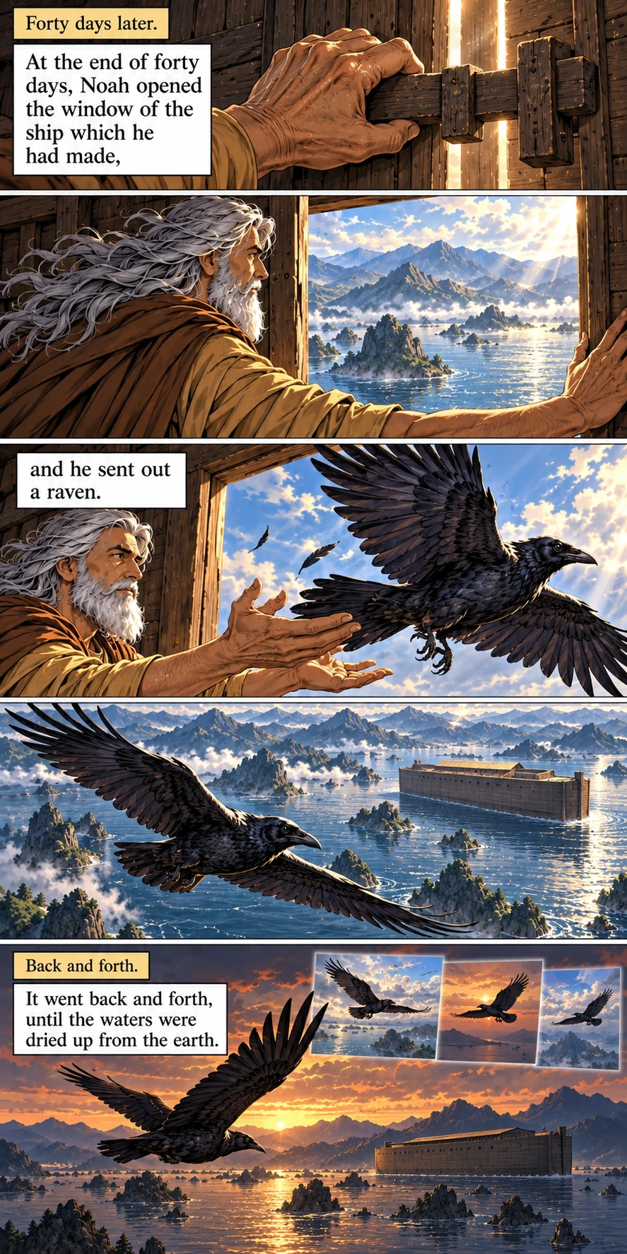 Noah opens the window and releases a raven, which flies back and forth — Genesis 8:6–7