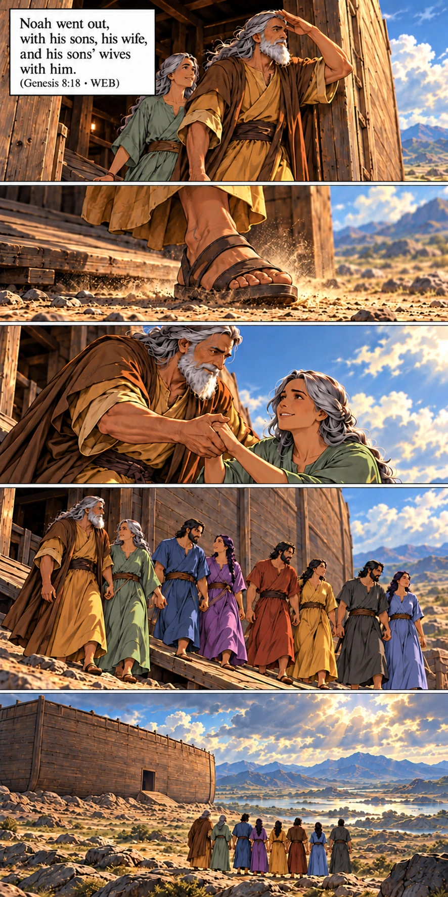 Noah, his wife, their three sons and their sons’ wives step onto dry land — Genesis 8:18