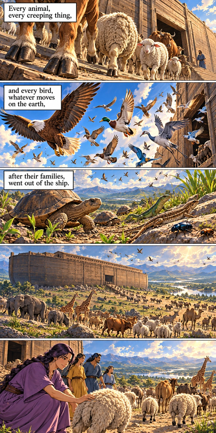 Animals, birds and creeping creatures leave the ark and spread across the landscape — Genesis 8:19