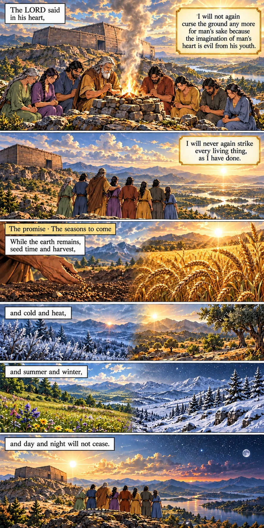 The LORD’s promise is illustrated through seedtime, harvest, seasons, day and night — Genesis 8:21b–22