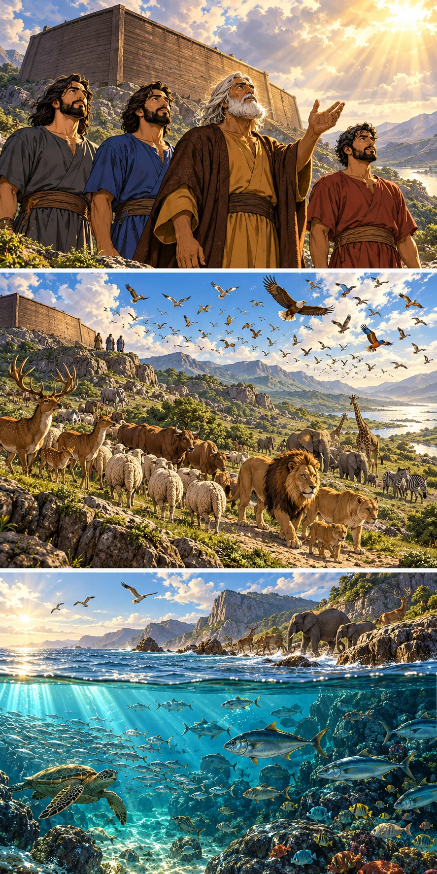 Noah and his three sons listen together beneath warm light beside the grounded ark. Animals move across the valley as birds take flight above them. A panoramic view above and below the water reveals creatures on shore and fish in the sea.