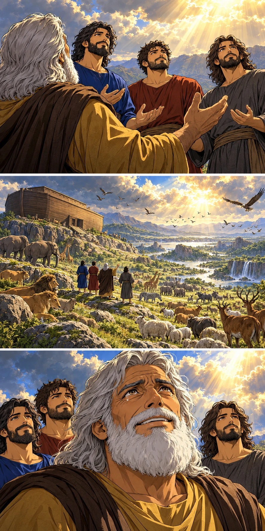 Noah and his sons turn their attention toward God’s unpictured presence. Birds, livestock and wild creatures spread across the renewed landscape. Relief softens Noah’s face as the promise is spoken.