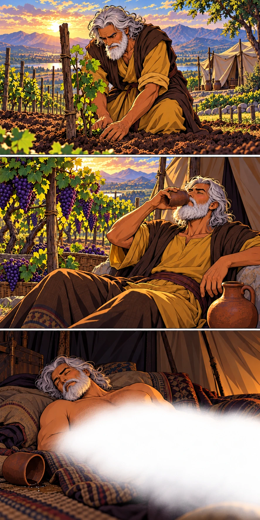 Noah plants a young vine in the soil. Later, Noah drinks wine beside the mature vineyard. Noah sleeps uncovered inside his tent; opaque white mist conceals his private parts.