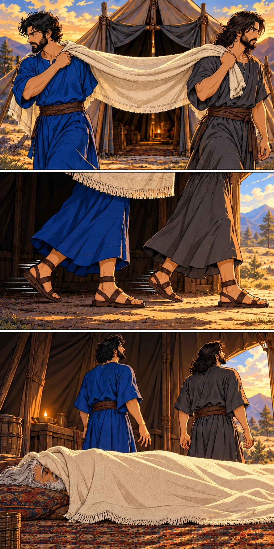 Shem and Japheth spread one large garment across both their shoulders. Facing away from their father, the brothers step backward into the tent. They cover Noah while keeping their faces averted.