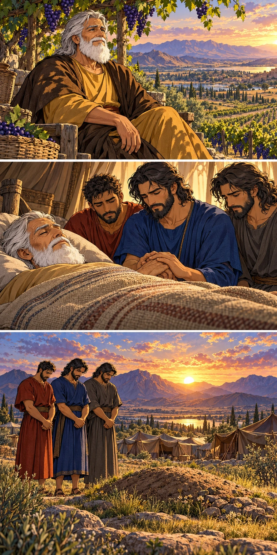 An older Noah reflects beneath a mature grape arbor. Noah dies peacefully, fully covered, with a son’s hand holding his. The sons stand in a quiet landscape at sunset; the burial setting is artistic interpretation.